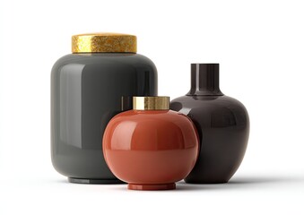 Three modern decorative vases,  in varying shades and shapes, with gold accents on the lids