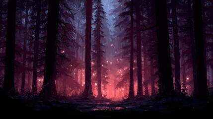 Fototapeta premium Enigmatic Forest with Glowing Eyes Emerging from the Dark Shadows