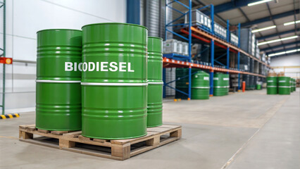 Green Biodiesel Barrels in Industrial Storage Warehouse.