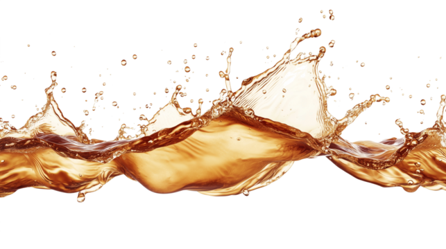 dynamic liquid coffee splash wave with droplets in air, isolated on white, PNG