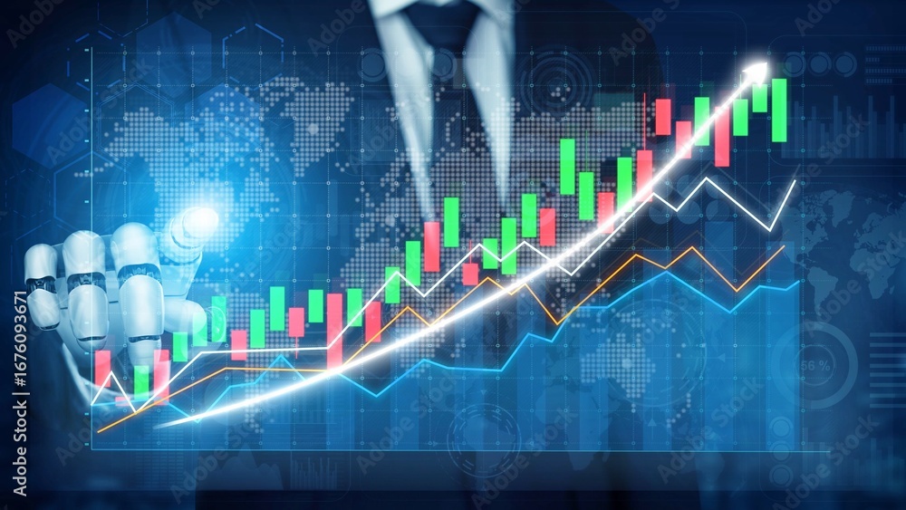 Aufkleber a businessman with a robotic hand interacts with a digital screen displaying financial data trends, 