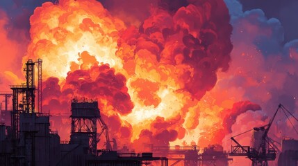 Obraz premium Dramatic Explosion in Industrial Complex at Sunset - Vivid Illustration