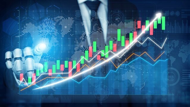 A businessman with a robotic hand interacts with a digital screen displaying financial data trends, representing the fusion of technology and market analysis in modern corporate environments. Copula
