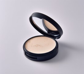 Compact powder makeup, light beige tone, open lid with mirror