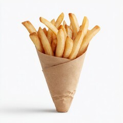 Golden-brown french fries in a craft paper cone
