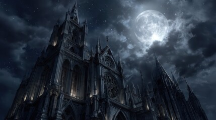 Obraz premium Dramatic Gothic Cathedral Illuminated by Moonlight in Night Sky