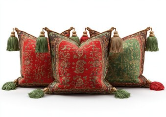 Decorative pillows with ornate patterns and tassels