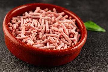 Minced meat frozen ground meat frozen pork, beef or chicken tasty snack fresh delicious gourmet food background on the table rustic food top view copy space