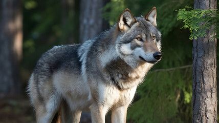 Captivating Portrait of a Majestic Wolf Amidst the Serene Beauty of a Lush Forest Glade on a Sunny Day