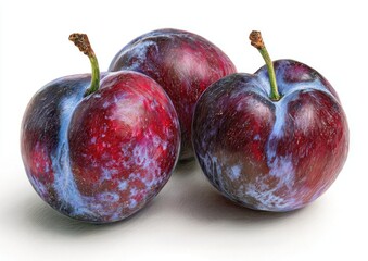 Three plump, ripe plums, deep red-purple with bluish-white marbling, arranged closely together against a pure white background.  Plums are in sharp focus