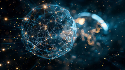 A glowing molecular network is depicted with intricate connections illuminated against a dark, cosmic background