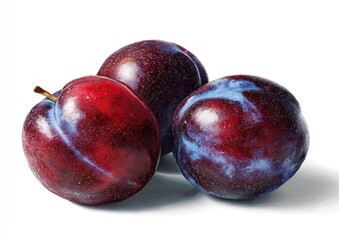 Three ripe plums, deep red and purple, clustered together, against a white background