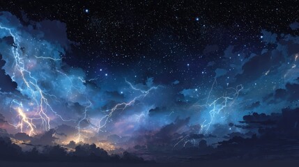 Dramatic Night Sky with Lightning Illuminating Stars and Clouds
