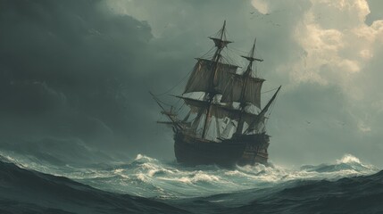 Obraz premium Dramatic Pirate Ship Sailing Through Stormy Seas Illustration