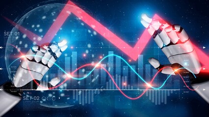 Economic caution visualized with fluctuating market graph, alert symbols, and negative data trends....