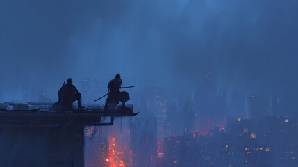 Dramatic Rooftop Standoff in Rainy Cityscape at Dusk