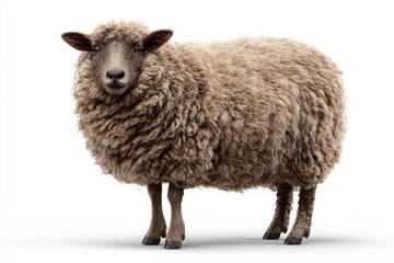 Sheep, full shot, facing forward, against white background.  Fluffy, light brown/gray coat.  Solid, alert gaze