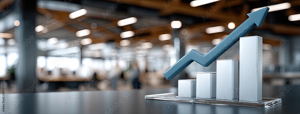 Poster growth chart representing steady financial progress in a modern office setting during a busy workday