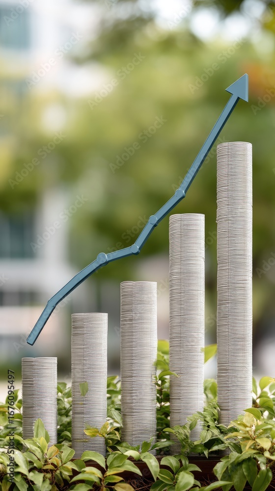 Poster growth in business shown by ascending columns and a rising line graph in an outdoor setting during d