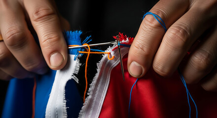 Close-up of Hands Mending Torn Fabric with Needle and Thread, Symbolizing Repair, Restoration, and Unity through Craftsmanship