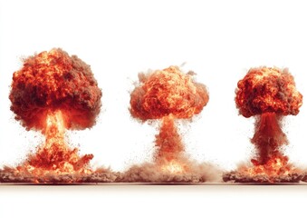 Three sequential atomic bomb explosions, isolated on white
