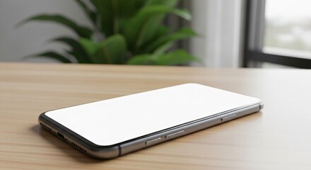 Smartphone with Blank Screen on Wooden Table Plant Background.