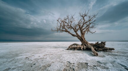 Lonely tree on a salt flat under a stormy sky