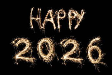 Happy 2026 geschrieben mit Feuerwerk zum Jahreswechsel