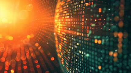 A modern data sphere radiates light while displaying flowing binary code. Finance nodes are interconnected, representing the dynamic world of cryptocurrency and digital finance advancements