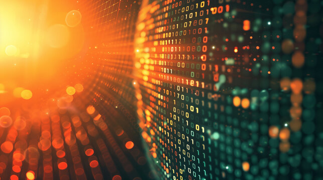 A modern data sphere radiates light while displaying flowing binary code. Finance nodes are interconnected, representing the dynamic world of cryptocurrency and digital finance advancements