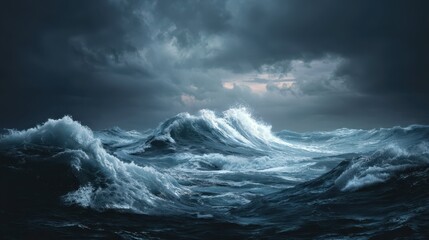 Fototapeta premium Dramatic Stormy Sea with Crashing Waves and Dark Clouds Above
