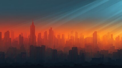 Fototapeta premium Dramatic Sunrise Over Futuristic Skyline in Urban Illustration