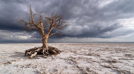 Lonely tree on a vast white salt flat, dramatic sky