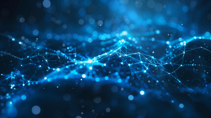 Bright neural pathways branch out in an intricate blue network, illuminating the dark space around them. The dynamic patterns suggest a lively digital environment, evoking technological innovation