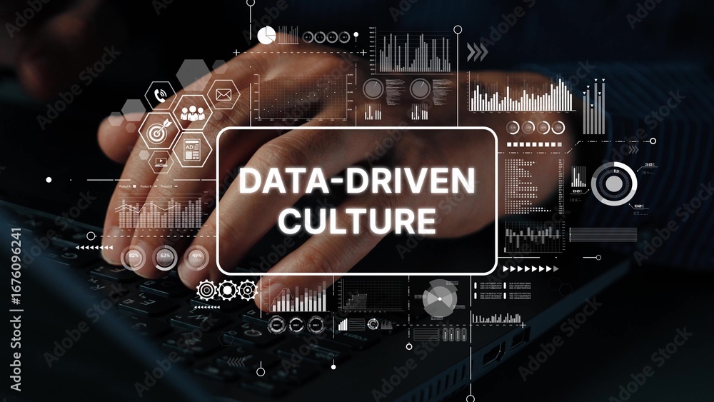Poster hands typing on keyboard with visual data-driven culture graphics in modern office environment. asym