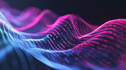 Vibrant waveforms in shades of pink and blue gracefully flow through a digital environment, creating a captivating and tranquil visual experience. The glowing particles enhance the atmosphere