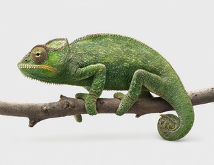 Obraz premium Side profile of a vibrant green chameleon perched on a twig
