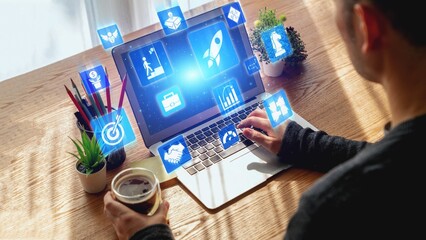 Startup launch and business growth concept, rocket symbolism, entrepreneurship, startup innovation,...