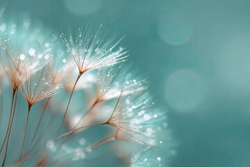Close-up of a dandelion seed head, with dew drops, in teal and beige tones. Soft bokeh background