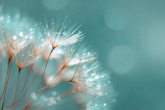 Close-up of a dandelion seed head, with dew drops, in teal and beige tones. Soft bokeh background