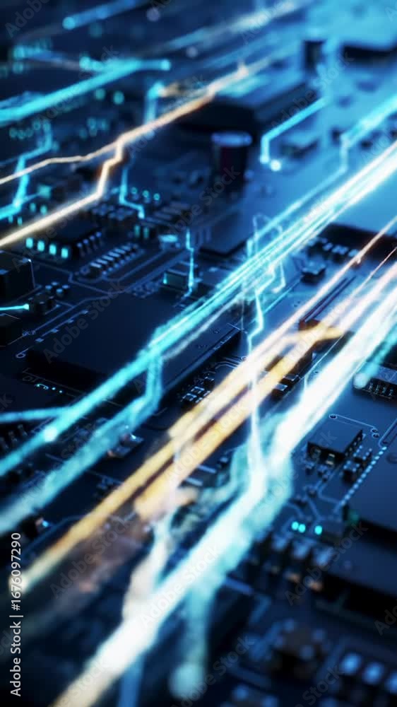 Poster extreme close-up macro video: glowing, intricate futuristic circuit board with pulsing data streams 
