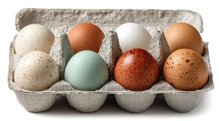 A carton of assorted eggs, various shades of brown, white, and speckled, sits on a white background. The carton is light gray cardboard