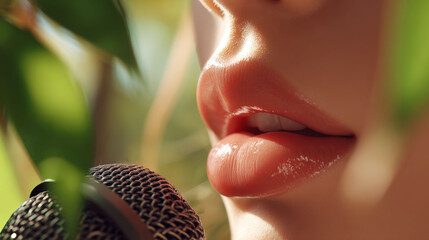 Close up of glossy lips near microphone with soft natural light creating warm and intimate atmosphere