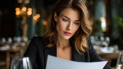 Young woman reading menu in restaurant with soft lighting and elegant atmosphere, focused and calm expression