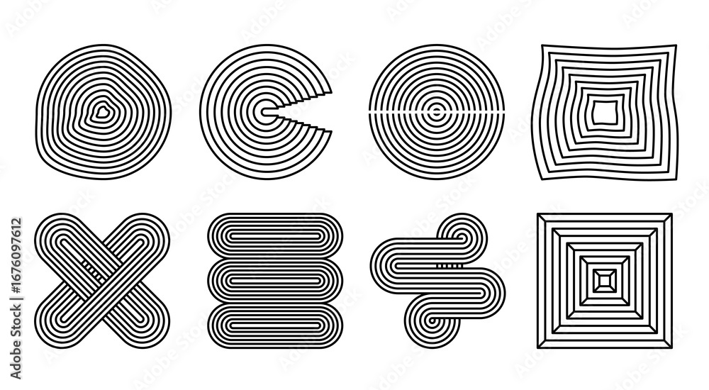 Poster abstract geometric shapes and patterns created from continuous concentric black lines minimalist and