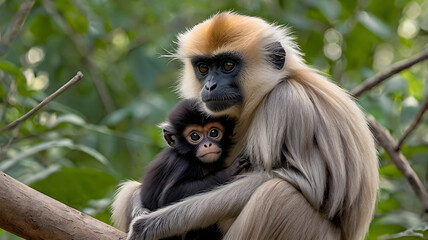 Fototapeta premium A mother langur cradles her tiny infant close to her chest