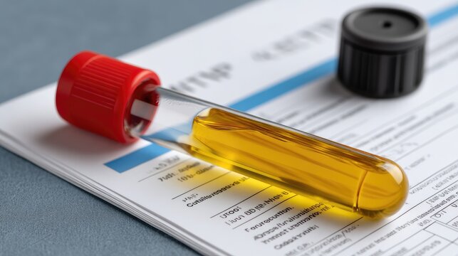 Blood sample in a laboratory setting alongside test requisition forms during a clinical analysis session