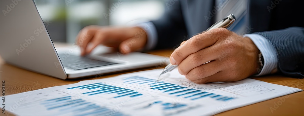 Poster business professional analyzing data trends while using a laptop during a work session in a modern o