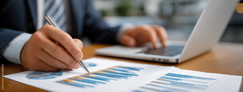 Poster business professional reviewing financial data and analyzing graphs while working on a laptop in a m