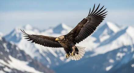Obraz premium Majestic eagle soars with powerful wings over snow-capped mountains